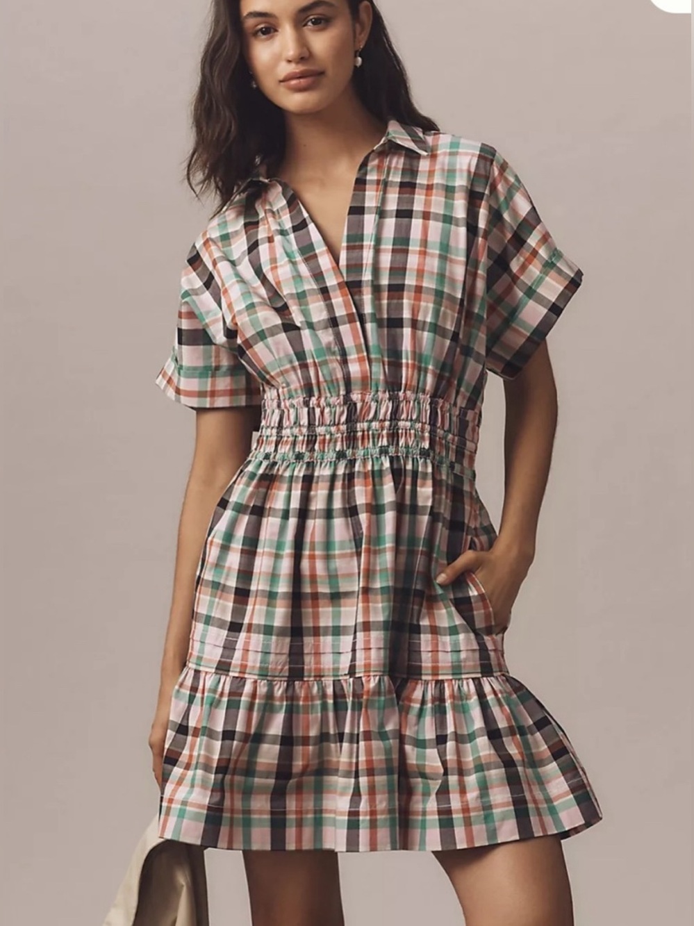 Anthropologie Somerset Plaid Mini Dress Pink Green Size S